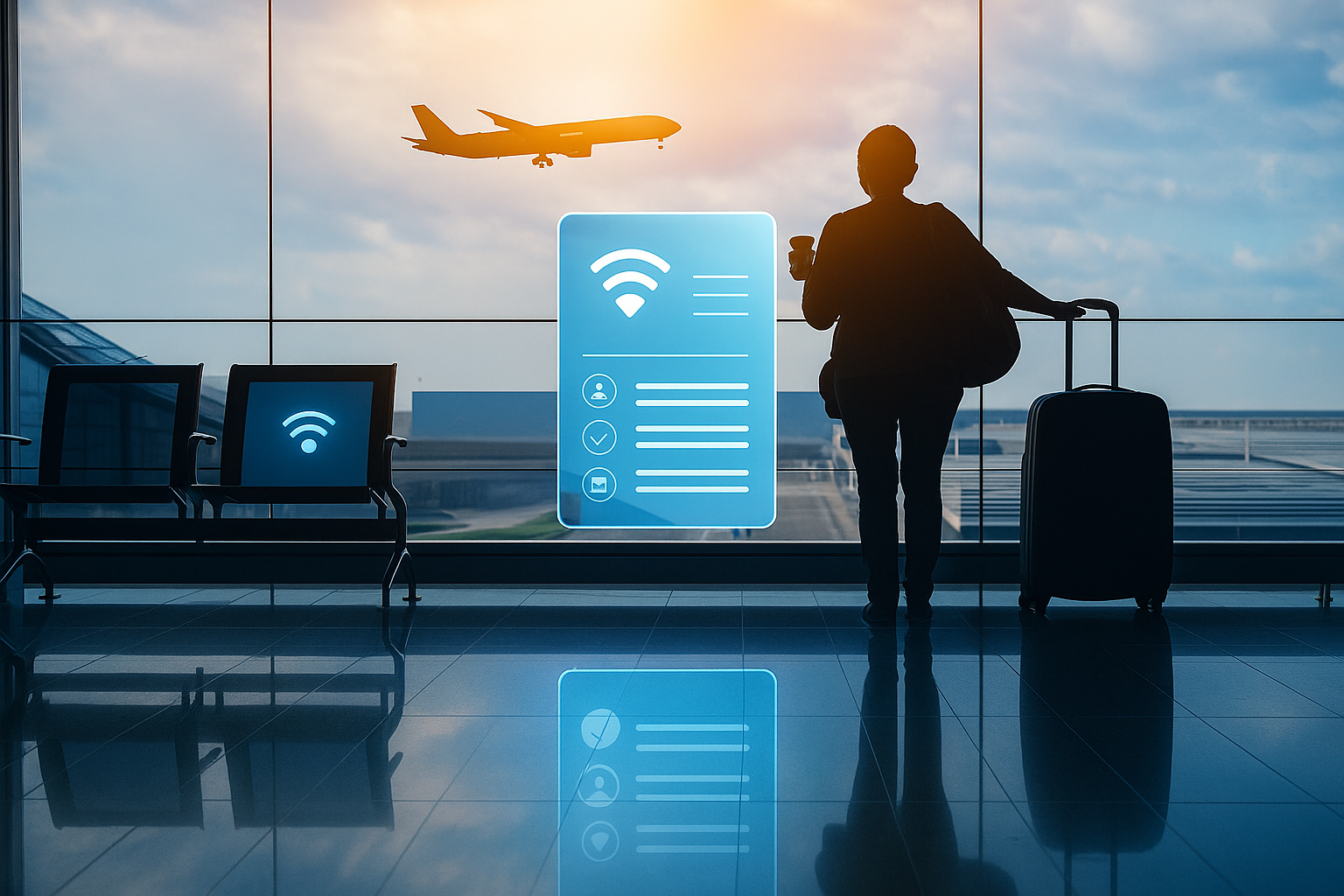 Mulher em um aeroporto conectado ao WI-fi com dados anonimizados