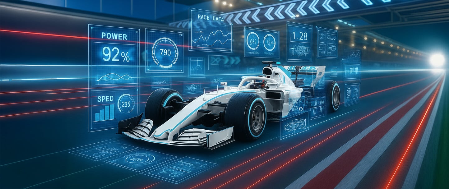 Carro de formula 1 com dados para atingir a melhore performance