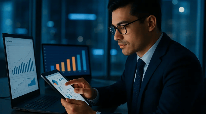 Profissional analisando dados à noite