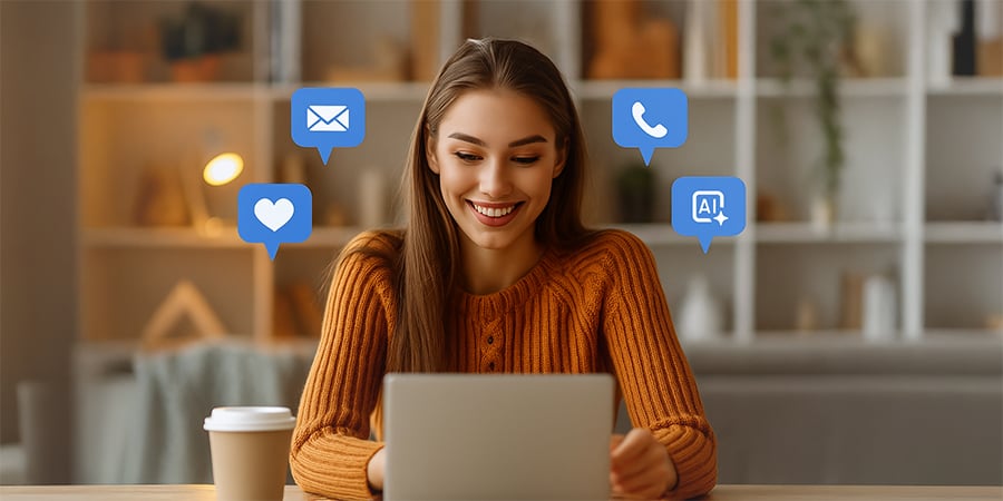 Mulher recebendo contatos por WhatsApp e e-mail